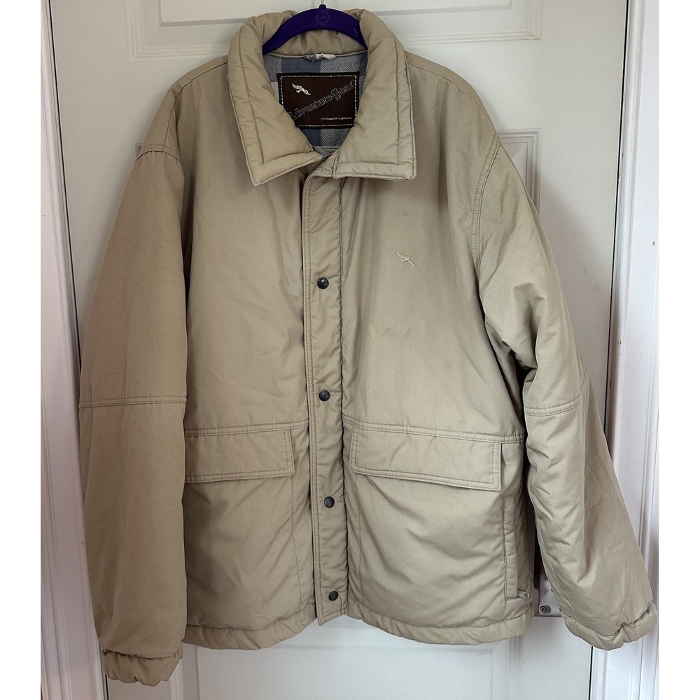 Vintage Adventure Gear Down Jacket Mens XL Full Zip Snap Button Double Layer Tan